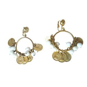 Vintage Coins & White Beads Circle Dangle Earrings Yellow Gold Plated Clip On